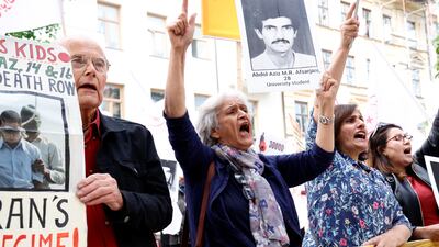Protesters outside the trial of Hamid Nouri, 60, in Stockholm, Sweden. Photo: TT News