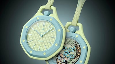 Lepine-style Royal Pop watch with a lime green dial and coated in Super-LumiNova, by Swatch x Audemars Piguet. Photo: Swatch