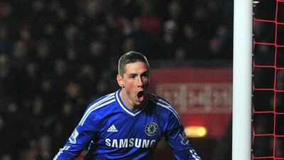 Chelsea's Fernando Torres celebrates scoring the opening goal of the English Premier League football match between Southampton and Chelsea at St Mary's Stadium in Southampton on Wednesday. AFP PHOTO / GLYN KIRK