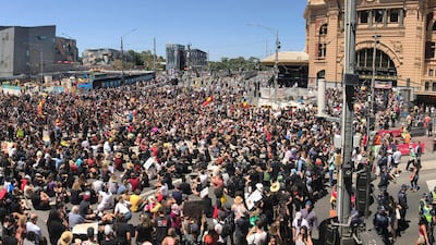 'Invasion Day' protesters gather at Flinders Street Station on Australia Day in Melbourne, Australia. EPA