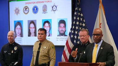 From right, FBI assistant director in charge Akil Davis, Los Angeles Police Department chief Jim McDonnell and LA County Sheriff Robert Luna at the media conference. AP Photo