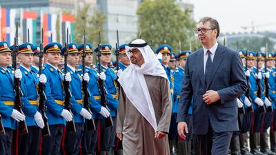 President Sheikh Mohamed bin Zayed, and Aleksandar Vucic, President of Serbia, inspect a guard of honour at a reception at the Palace of Serbia. Photo: Ryan Carter / UAE Presidential Court