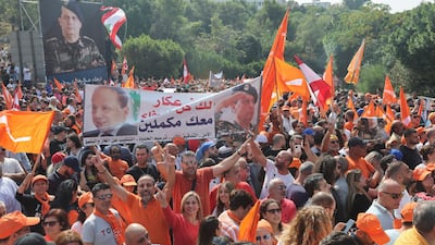 Supporters of Lebanese President Michel Aoun gather to say farewell near the presidential palace in Baabda, Lebanon. Reuters