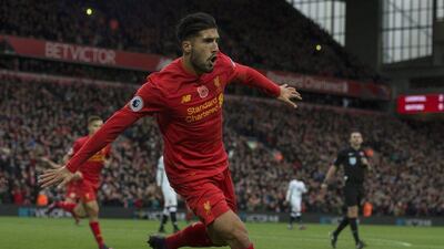 Liverpool’s Emre Can celebrates scoring the third goal. Peter Powell / EPA