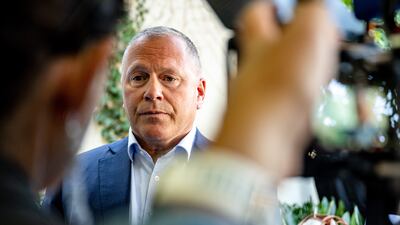 Nicolai Tangen, chief executive of Norway's sovereign wealth fund, announces its half-year earnings in Arendal, Norway, on August 12, 2025. Bloomberg