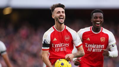 Fabio Vieira of Arsenal celebrates after scoring the team's fourth. Getty Images