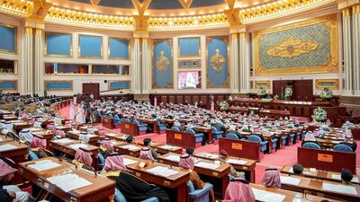 Members of Shura Council gather to listen to a speech by King Salman. Saudi Royal Court / Reuters