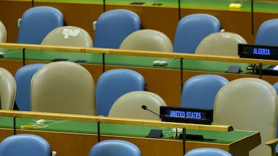 The seats of the US delegation as Iran's President Masoud Pezeshkian addresses the United Nations General Assembly in New York. Reuters