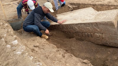 Antiquities workers at the Pelusium site, in the Tell El Farma region of North Sinai, Egypt, unearth part of an archway into a temple to the god Zeus Cassius.