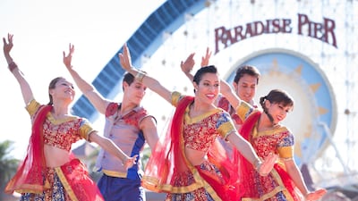 This November 13, 2016 photo shows performers in a Diwali celebration at Disney California Adventure Park in Anaheim, California. Scott Brinegar / Disneyland Resort via AP