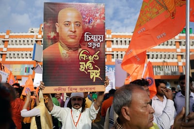 Hindu Jagran Manch activists attend a protest rally demanding the release of Hindu priest Chinmoy Krishna Das Prabhu. EPA