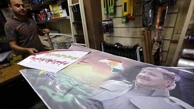 Gearing up for the upcoming referendum on independence with posters of Iraqi Kurdish leader Masoud Barzani in Erbil, capital of the autonomous Kurdish region of northern Iraq, on September 7, 2017. Safin Hamed / AFP