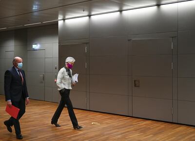 European Central Bank president Christine Lagarde enters the press room for a press conference following the meeting of the Governing Council of the bank on Thursday.Ms Lagarde made it clear that more stimulus would likely be made available in December. EPA