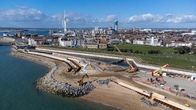 Aerial views of sea defence work in Southsea, England. Climate change is being blamed for rising sea levels. Finnbarr Webster / Getty Images