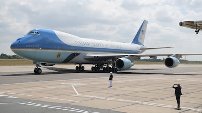 Air Force One at Stansted Airport on July 12, 2018 in Essex, England. The trip was Donald Trump's first visit to the UK as US president.