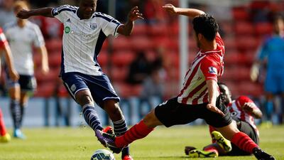 Brown Ideye of West Brom is tackled by Jack Cork of Southampton during the Barclays Premier League match between Southampton and West Bromwich Albion at St Mary’s Stadium on August 23, 2014 in Southampton, England. (Photo by Steve Bardens/Getty Images)