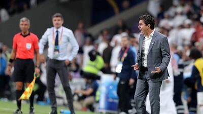 Al Ain, United Arab Emirates - December 18, 2018: River Plate manager Marcelo Gallardo during the game between River Plate and Al Ain in the Fifa Club World Cup. Tuesday the 18th of December 2018 at the Hazza Bin Zayed Stadium, Al Ain. Chris Whiteoak / The National