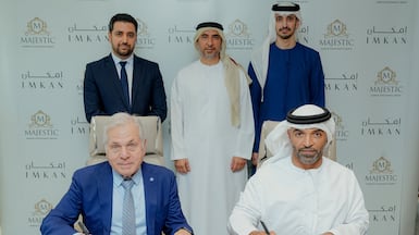 Back, from left: Omid Aminifard, VP of operations at Majestic Marine Investments Group; Abubaker Al Khoori, GCEO of Abu Dhabi Capital Group; and Khalifa Al Mazrouei, GCIO of Abu Dhabi Capital Group. Front, from left: Marios Economides, CEO of Majestic Marine Investments Group; and Suwaidan Al Dhaheri, CEO of Imkan, announce the deal. Photo: Handout