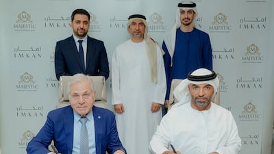 Back, from left: Omid Aminifard, VP of operations at Majestic Marine Investments Group; Abubaker Al Khoori, GCEO of Abu Dhabi Capital Group; and Khalifa Al Mazrouei, GCIO of Abu Dhabi Capital Group. Front, from left: Marios Economides, CEO of Majestic Marine Investments Group; and Suwaidan Al Dhaheri, CEO of Imkan, announce the deal. Photo: Handout