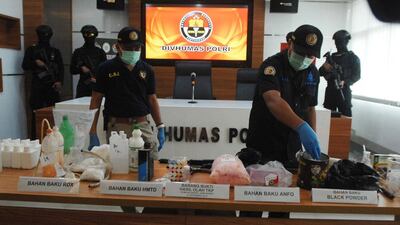 Indonesian officers display seized bomb-making materials at the national police headquarters in Jakarta on November 25, 2016. Dasril Roszandi / NurPhoto