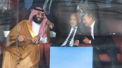 From left, Saudi Arabia Crown Prince Mohammed bin Salman with Fifa's Gianni Infantino and Russian President Vladimir Putin. AP