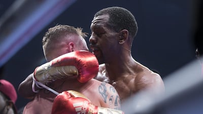 Jamel Herring of USA embraced his opponent Carl Framptonn of Northern Ireland after winning the boxing at the Rotunda, Ceasar's Palace, Bluewaters Island, Dubai. Leslie Pableo for The National
