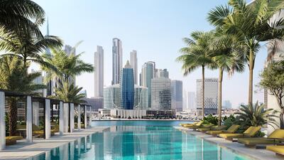 The outdoor pool with views of Downtown Dubai. Courtesy Omniyat