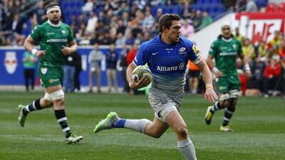 Saracens’ Alex Goode runs in for a try during the first half of an English Premiership rugby match against the London Irish at Red Bull Arena, Saturday, March 12, 2016, in Harrison, NJ (AP Photo/Julio Cortez)