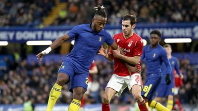 Chelsea's Michy Batshuayi of Chelsea is put under pressure by Yuri Ribeiro. Getty Images