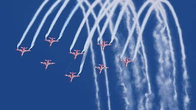 Indian Air Force Suryakiran aircraft in rehearsals before the five-day Aero India 2023 expo at Yelahanka Air Base in Bengaluru on Saturday. AP