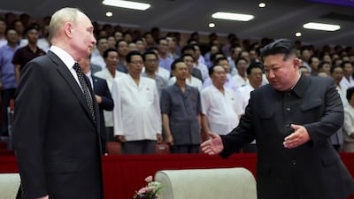 Mr Kim and Mr Putin attend a gala concert in Pyongyang. AP / Sputnik