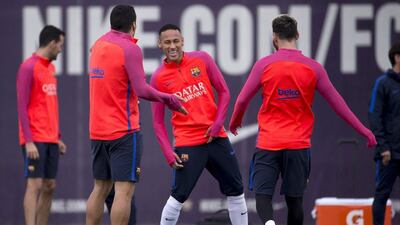 FC Barcelona’s Neymar, Luis Suarez and Lionel Messi at training. Quique Garcia / EPA