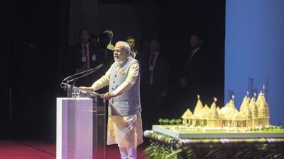 Narendra Modi, Prime Minister of India, at the unveiling of the Abu Dhabi Hindu temple model in 2018. Photo: BAPS Swaminarayan Sanstha