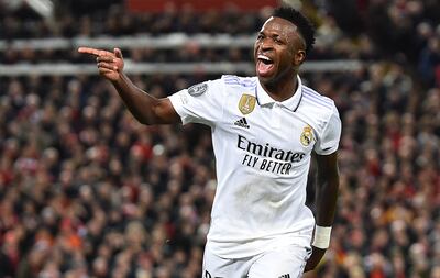 Vinicius Junior of Real Madrid celebrates after scoring his second goal during the UEFA Champions League, Round of 16, 1st leg match between Liverpool FC and Real Madrid in Liverpool, Britain, 21 February 2023. EPA / Peter Powell