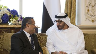 Sheikh Mohammed bin Zayed, Crown Prince of Abu Dhabi and Deputy Supreme Commander of the Armed Forces, met Dr Ahmed bin Daghar, the prime minister of Yemen, at the Sea Palace on Monday to confirm the support of the UAE. Ryan Carter / Crown Prince Court