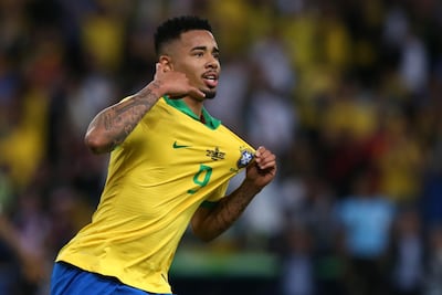 Gabriel Jesus celebrates his goal for Brazil against Peru in the Copa America final. Getty