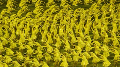 Dancers take part in the Long Live the Workers' Party of Korea performance, at the May Day Stadium in Pyongyang. AFP
