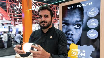 Omar Ghanem with U-Light, a hand-powered LED light and battery bank that a user can crank up power to light units in homes or stores when the power grid is out. He is part of a team of five alumni from the American University of Sharjah who secured an expo grant, won an international student competition and have formed a start-up that has received 20,000 orders from Nigeria and Zimbabwe. Antonie Robertson/The National