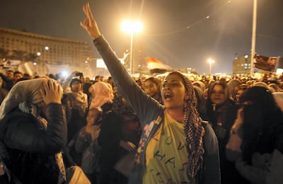 Women join a mass protest in Cairo’s Tahrir Square on November 24, 2011, as members of Egypt’s ruling military council reject calls to step down. AFP