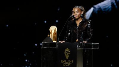 Barcelona's Vicky Lopez makes a speech after winning the women's Kopa Trophy. Reuters