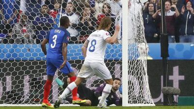Iceland’s Birkir Bjarnason scores their second goal. Christian Hartmann / Reuters