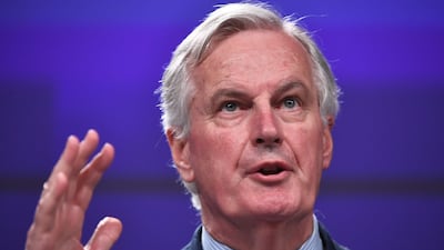EU's chief Brexit negotiator Michel Barnier addresses the media following a sixth round of Brexit talks. AFP PHOTO / EMMANUEL DUNAND