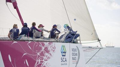 Team SCA sailors shown during Wednesday's start to Leg 5 of the Volvo Ocean Race at Auckland, New Zealand. Chris Cameron / Volvo Ocean Race