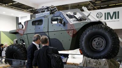 The military vehicle Combatguard made by Israeli manufacturer IMI on display at the Eurosatory international Land and Air-Land Defense and Security fair in Paris. Yoan Valat / EPA