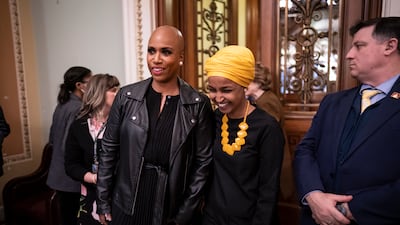Representative Ayanna Pressley and Ms Omar after members of the House Progressive Caucus went to the Senate and shouted in protest before a procedural vote on the Women's Health Protection Act to codify the landmark 1973 Roe v Wade decision. AP