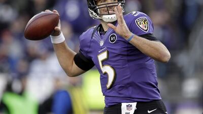 Joe Flacco and the Ravens, at 8-6, trail the Cincinnati Bengals by a game in the AFC North and hold a tiebreaker over the Miami Dolphins for the second wild-card play-off spot in the conference. Patrick Semansky / AP