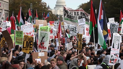 Protesters gather in Freedom Plaza during the National March on Washington for Palestine in Washington. AFP