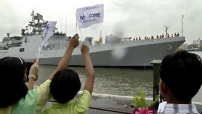 This July 31 2004 file photograph shows Indian naval ship INS Tabar, a stealth frigate being received by family members and children of Indian naval personnel as it arrives in Mumbai, India. The Indian naval vessel INS Tabar sank a suspected pirate "mother ship" in the Gulf of Aden and chased two attack boats into the night, officials said.