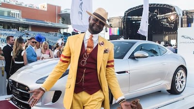 Best Dressed Man Winner Nader Tearab and the Jaguar F-Type Coupe. Courtesy Dubai World Cup