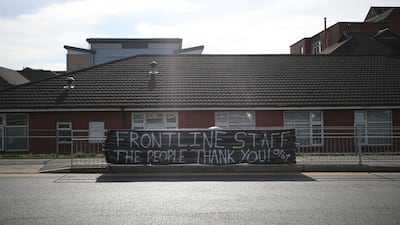 Banners showing support for NHS staff are displayed at Stepping Hill Hospital in Manchester. Reuters